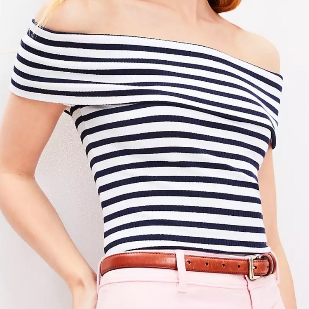 Zara Ribbed Stretch Knit Off-Shoulder Striped Top Shirt Cream/Black